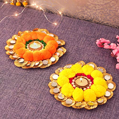 TIED RIBBONS Tealight Candle Holder for Home Décor - Pearls and Artificial Marigold Flowers Studded Tealight Candle Holder for Diwali Decoration (Pack of 2)