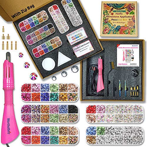Hotfix Applicator, Hot Fixed Rhinestone Applicator Tool Kit, Bigger and More Gems Wand Setter for Clothes, 19 Colors, 7 Tips, Manual, Kraft Gift Box, Zip Bag, Stand, Trays, Tweezers,Jewel Picker,Brush