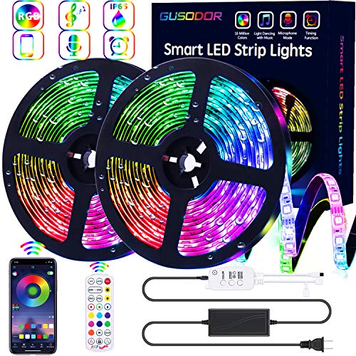 GUSODOR LED Strip Lights RGB Strips 32.8ft Waterproof Tape Light 300 LEDs SMD5050 Music Sync Color Changing +24Key Remote Control Decoration for Home Bedroom TV Party Christmas - Smart APP Controlled