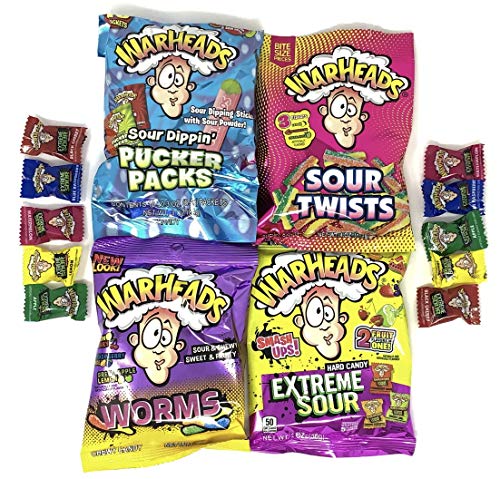 Warheads Candy Variety Pack of 4 (Pucker Packs, Sour Twists, Worms, & Extreme) (1 of each, total of 4)