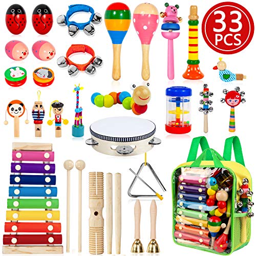 TAIMASI Kids Musical Instruments, 33PCS 18 Types Wooden Percussion Instruments Tambourine Xylophone Toys for Kids Children, Preschool Education Early Learning Musical Toy for Boys and Girls