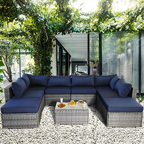 Patio Furniture Outdoor Lawn Backyard Poolside Garden Rounds 9pcs Garden Wicker Patio Furniture Bavy Blue Cushion Sectional Sofa Conversation Sets