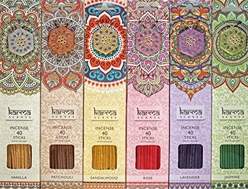 Premium Incense sticks 6 set pack, Lavender, Patchouli, Vanilla, Sandalwood, Jasmine, and Rose, each pack comes with a sparkly holder in each box 240 sticks