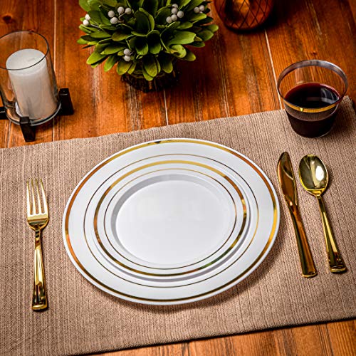Fancy Disposable Dinner Plates with Cutlery and Cups - 150 Piece Gold Plastic Party Plates and Gold Plastic Silverware, for Wedding, Thanksgiving, Bridal Shower - Serves 25 Guests