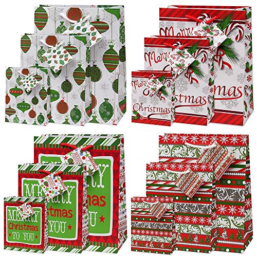 Gift Boutique Christmas Assorted Gift Bags 12 Pack with Handles and Tags Holiday Bulk Wrapping Set Includes 4 Designs 4 Small 4 Medium & 4 Large Bag for Kids Goodies Party Favor Boxes and Presents