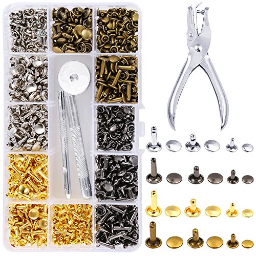 Caydo 360 Sets 3 Sizes Leather Rivets Double Cap Rivet Tubular Metal Studs with 4 Fixing Set Tools for DIY Leather Craft, 4 Colors (Gold, Silver and Bronze, Gunmetal)