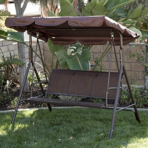 BELLEZE Porch Swing Glider Outdoor Chair Top Tilt UV Resistant Shade Steel Frame 3 Seater Adjustable Sunshade Dark Brown