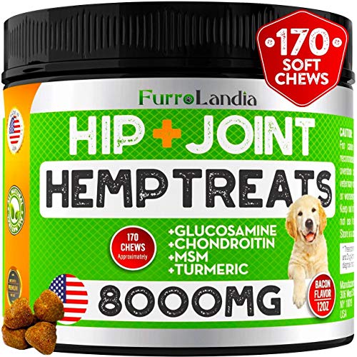 FurroLandia Hemp Hip & Joint Supplement for Dogs - 170 Soft Chews - Made in USA - Glucosamine for Dogs - Chondroitin - MSM - Turmeric - Hemp Seed Oil - Natural Pain Relief & Mobility - Bacon Flavor