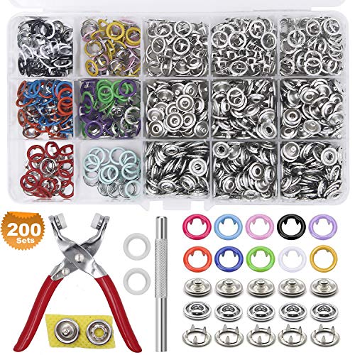 ZTWEDEN 200 Sets Metal Snaps Button Tool Kit Snap Fasteners Hollow Prong Snap Button with Setting Tool for Clothing Crafting Sewing,Leather Snaps Buttons for Jeans Wears Bags(10 Colors,9.5mm)