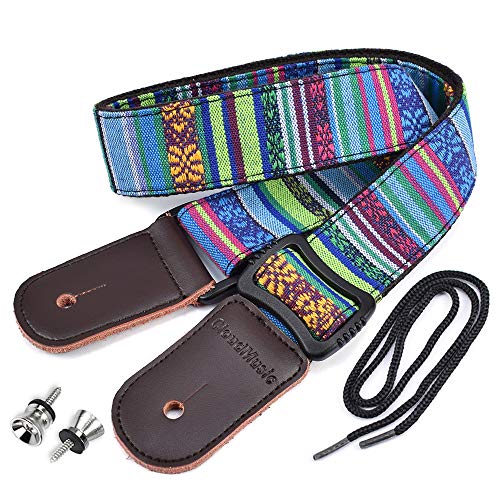 CLOUDMUSIC Colorful Hawaiian Vintage Ethnic Cotton Ukulele Strap Blue For Soprano Concert Tenor Baritone Strings Instruments (National Blue)