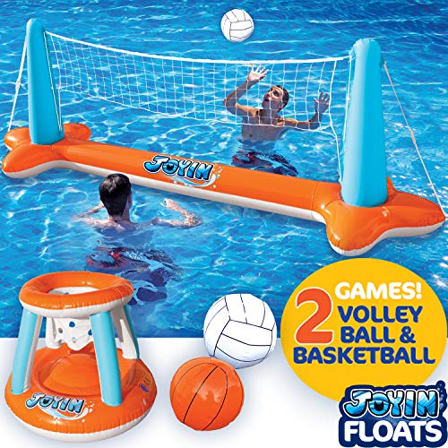 Inflatable Pool Float Set Volleyball Net & Basketball Hoops; Balls Included for Kids and Adults Swimming Game Toy, Floating, Summer Floaties, Volleyball Court (105”x28”x35”)|Basketball (27”x23”x27”).