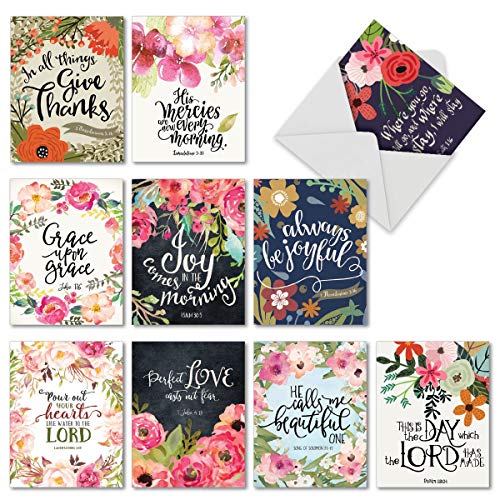 10 Religious Watercolor Note Cards with Envelopes - All-occasion 'Blessings' Bible Verse Blank Greeting Cards - Floral Painted for Holidays, Thank You, Baby - Notecard Set 4 x 5.12 inch M6634OCBsl