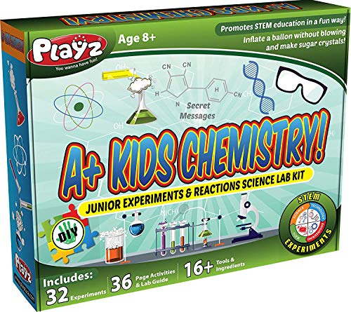 Playz STEM A+ Kids Chemistry Junior Experiments & Reactions Science Lab Kit - 32+ Experiments, 36 Page Laboratory Guide, and 27+ Tools & Ingredients for Boys, Girls, Teenagers, & Kids