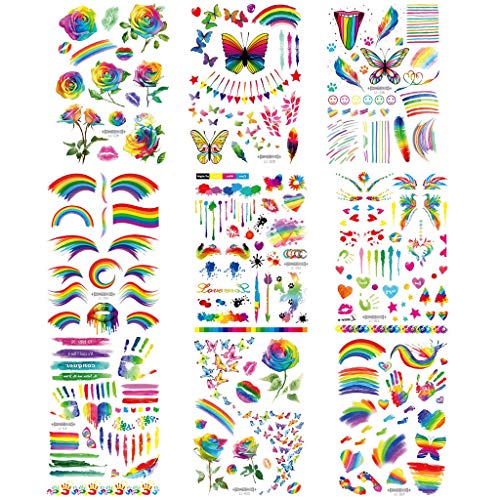 Akabsh 9 Sheets Rainbow Tattoos Rainbow Stickers Temporary Waterproof Tattoos for Pride Parades and Celebrations