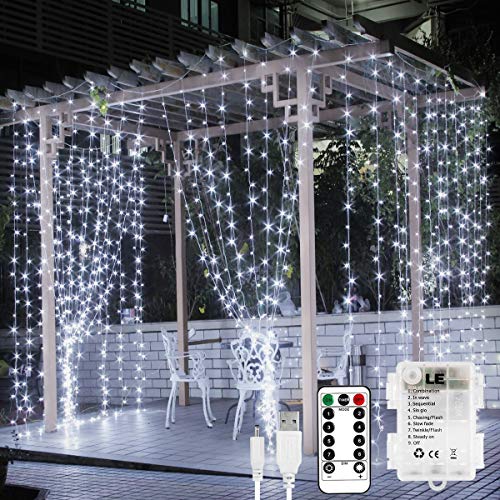 LE Fairy Curtain Lights USB or Battery Powered, 9.8 x 9.8 ft Indoor Outdoor String Lights with Remote, Cool White, 300 LED Decorative Christmas Twinkle Light for Bedroom, Patio, Party Wedding Backdrop