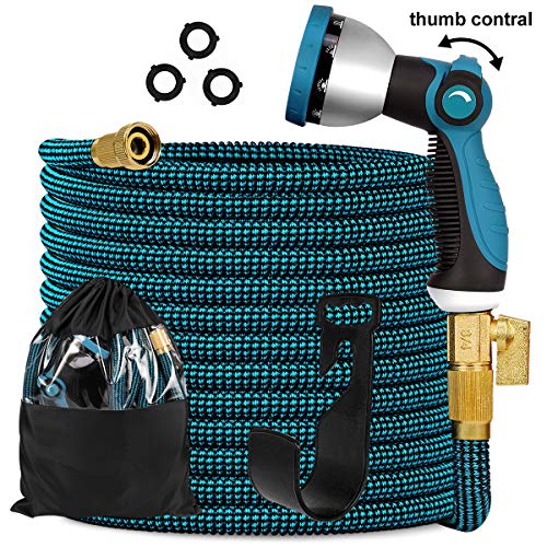 Knoikos Expandable Garden Hose 100ft - Expanding Flexible Water Hose with 10 Function Nozzle/Durable 3300D /3/4' Solid Brass Connectors,Easy Storage Kink Free Garden Water Hose