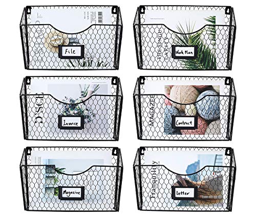 PAG 6 Pockets Hanging File Holder Wall Mount Mail Organizer Metal Chicken Wire Magazine Rack with Tag Slot, Black