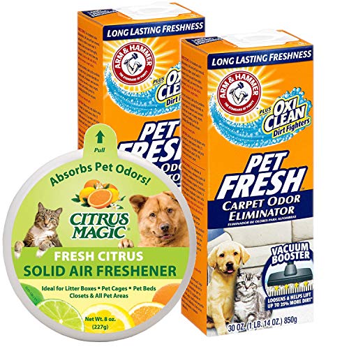 Pet Fresh Carpet Odor Eliminator Plus Oxi Clean Dirt Fighters 30oz Pack of 2 Bundled with Citrus Magic Pet Oder Absorbing Solid Air Freshener