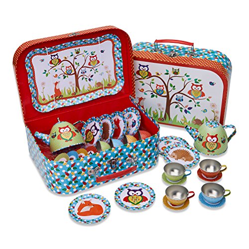 Lucy Locket Woodland Animals Metal Tea Set & Carry Case Toy (14 Piece Tea Set for Children) Red, Blue, Green Tea Set Toy