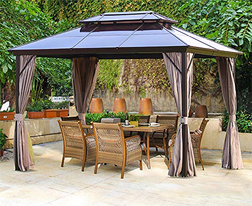 Erommy 10x13ft Outdoor Double Roof Hardtop Gazebo Canopy Aluminum Furniture Pergolas with Netting and Curtains for Garden,Patio,Lawns,Parties