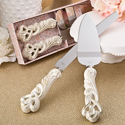 FASHIONCRAFT 2468 Vintage Double Heart Design Knife and Cake Server Set – Wedding Cake Knife and Server Set, Wedding Favor, One Size, Ivory