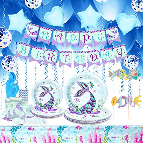 Mermaid Party Decorations - 168pcs Mermaid Birthday Balloons Party Favor Supplies Girls Women Including Paper Plates, Photo Booth Props, Napkins, Cups, Table Cloth, Happy Birthday Banner, Balloons, Straws - Girls Party Favors-Serves 16