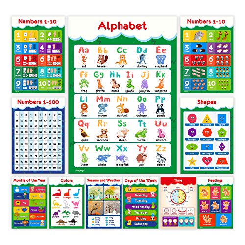 11 Educational Posters for Toddlers and Kids - Perfect for Children Preschool & Kindergarten Classroom Decorations, Alphabet ABC Poster, Numbers, Colors, Homeschool Supplies - 13x19 (Non Laminated)