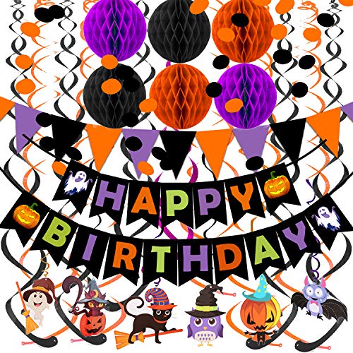 Happy Birthday Banner Paper Triangle Flag Bunting Circle Confetti Dots Hanging Garland Honeycomb Ball Swirl Streamers for Halloween theme Birthday party Decoration