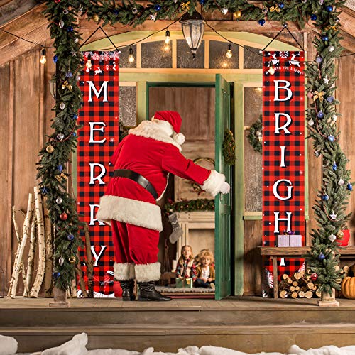 Christmas Porch Sign Buffalo Plaid Christmas Door Sign Front Porch Banners Outdoor Christmas Decorations for Home Wall Garden Yard Indoor Party(Bright & Merry)
