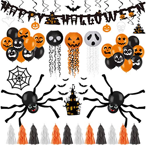 Decorlife Halloween Party Decorations, Halloween Party Supplies Set, Includes Bat Balloons, Pre-Strung Banner, Tassel, Wire Lanterns, Hanging Decor Indoor, Castle and Bats Centerpiece, Spiders and Web