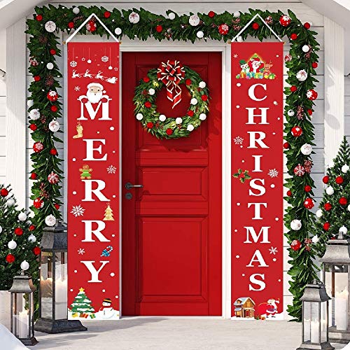 Trooer Christmas Porch Sign, Merry Christmas Banner Indoor Outdoor Christmas Decorations New Year Wall Hanging Flag Banners for Holiday Party Supplies Home Welcome