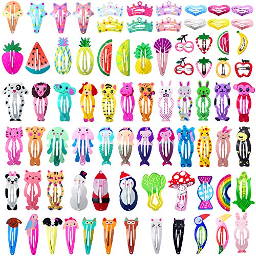 Girls Hair Clips Barrettes, Funtopia 80 Pcs Lovely Animal Fruit Printed Pattern Metal Snap Hair Clips Cartoon Design Hairpins for Kids Teens Pets