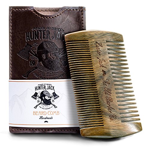 Beard Comb Kit for Men - Great for Head Hair, Beard Grooming & Mustache - Handmade Premium Wood - Fine Dual Action Teeth - Beard Care Kit for Men, Gift 'Hunter Jack' PU Leather Case - Free eBook