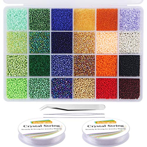 EuTengHao 14400pcs Glass Seed Beads Small Craft Beads for DIY Bracelet Necklaces Crafting Jewelry Making Supplies with Two 0.5mm Clear Bracelet String (600Pcs Per Color, 24 Colors)
