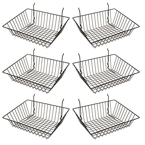 Econoco - Black Multi-Fit Sloping Wire Basket for Slatwall, Pegboard or Gridwall (Set of 6) Metal Semi-Gloss Basket, Black