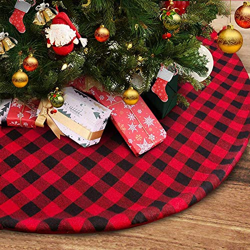 yuboo Buffalo Plaid Christmas Tree Skirt,50' Red and Black Check&Burlap Reversible Farmhouse Tree Mat