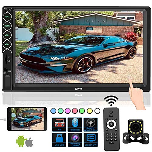 Double Din Car Stereo with Bluetooth Car Audio Receiver, Upgraded 7 ''Capacitive Touch Screen car Radio Support FM/USB/TF/Aux-in/SWC/Mirror Link/with Remote Control and 12 LED Rear View Camera.