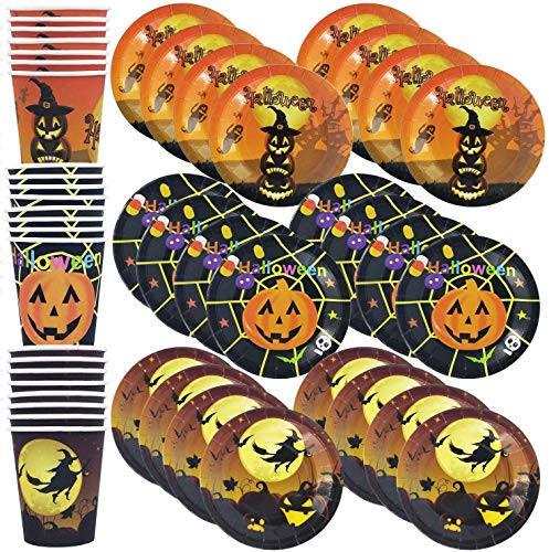 Kederwa 108pcs Halloween Party Tableware Disposable Dinnerware Set Included Halloween Paper Plates and Paper Cups for Halloween Party Supplies