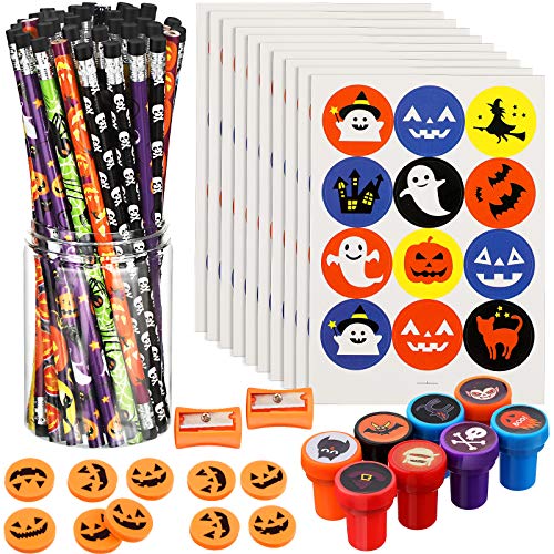 177 Pieces Halloween School Stationery Party Supplies Sets Trick Treat Prizes Party Favor Toy Including Halloween Pencils, Stickers, Stamps, Erasers and Pencil Sharpener for Classroom Exchange Party