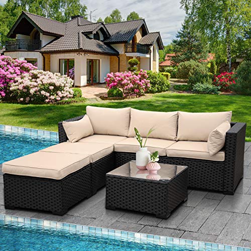 Outdoor Sectional Sofa Set 4-Piece Patio PE Black Wicker Rattan Conversation Furniture with Khaki Cushion
