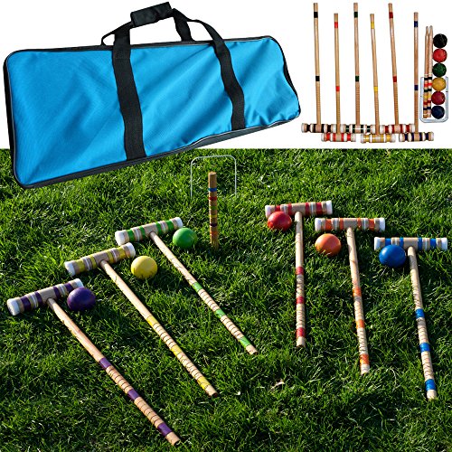 Hey! Play! Croquet Set- Wooden Outdoor Deluxe Sports Set with Carrying Case- Fun Vintage Backyard Lawn Recreation Game, Kids or Adults (6 Players)