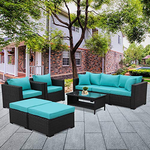 Patio Wicker Furniture Set 6 Pieces Outdoor PE Rattan Conversation Couch Sectional Chair Sofa Set with Turquoise Cushion
