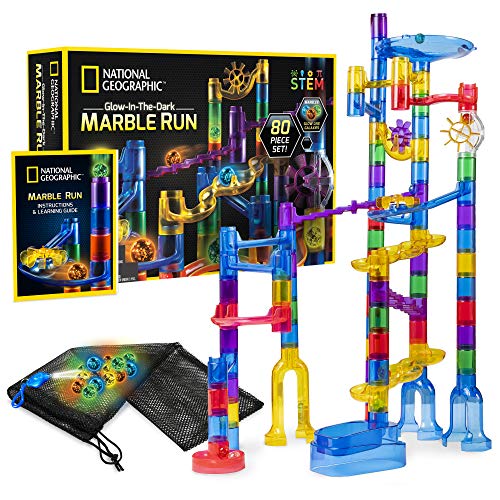 NATIONAL GEOGRAPHIC Glowing Marble Run – 80 Piece Construction Set with 15 Glow in the Dark Glass Marbles, Mesh Storage Bag & Marble Pouch, Great Creative Stem Toy for Girls & Boys