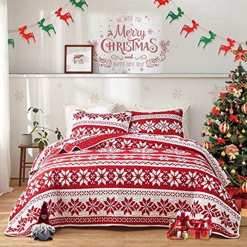 FlySheep Christmas Quilt Set Soft Microfiber Holiday Lightweight Bedspread Coverlet Bedding Set - Red & White Snowflake Printed Queen