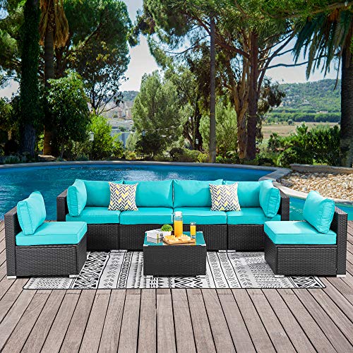 Walsunny 7pcs Patio Outdoor Furniture Sets,Low Back All-Weather Rattan Sectional Sofa with Tea Table&Washable Couch Cushions (Black Rattan)(Blue)