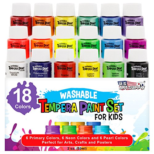 U.S. Art Supply 18 Color Children's Washable Tempera Paint Set - 2 Ounce Wide Mouth Bottles for Arts, Crafts and Posters