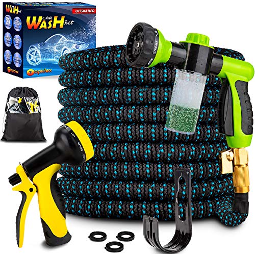 Topidex Car Wash Kit, Expandable Garden Hose 50 FT - with High Pressure Spray Nozzle - Soap Dispensing Sprayer Gun - 9 Spray + 3 Foam Spraying Patterns with Storage Bag, Hanger & 3 Extra Washers