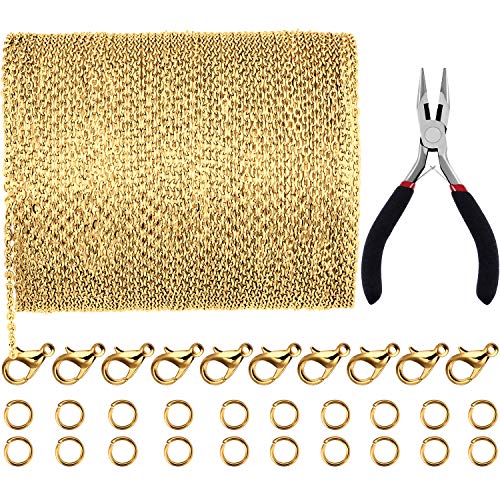 Jovitec 39.4 Feet 2 mm Link Chain Necklace Jewelry Plier with 30 Pieces Lobster Clasps and 100 Pieces Jump Rings for Jewelry Accessories DIY (Gold Color)