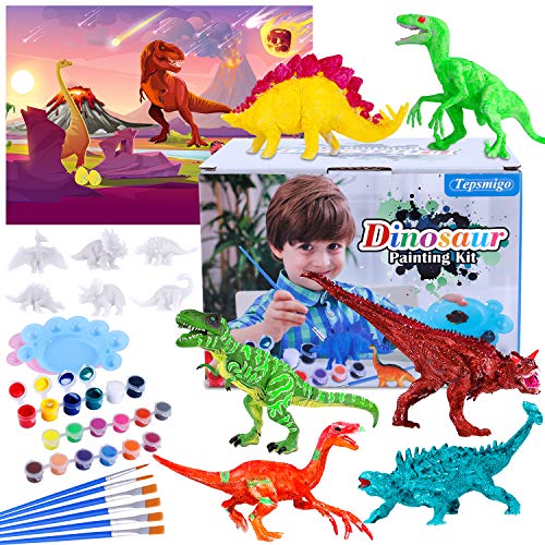 TEPSMIGO Crafts Dinosaur Painting Kit, Kids DIY Crafts and Arts Supplies Dinosaur Toys, Paint Your Own Dinosaur Figures, Educaional Learning Toys with 3 Washable Paint Sets, Gift for Boys Girls