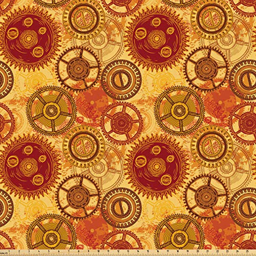 Ambesonne Steampunk Fabric by The Yard, Vintage Pattern with Various Gears of Clockwork on Worn Out Style Background, Microfiber Fabric for Arts and Crafts Textiles & Decor, 3 Yards, Burgundy Yellow